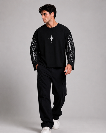 Shadow Cross Oversized Full Sleeve T-Shirt for Men | Black Streetwear Tee