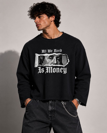 All We Need Is Money Oversized Full Sleeve Waffle Knit T-Shirt – Black
