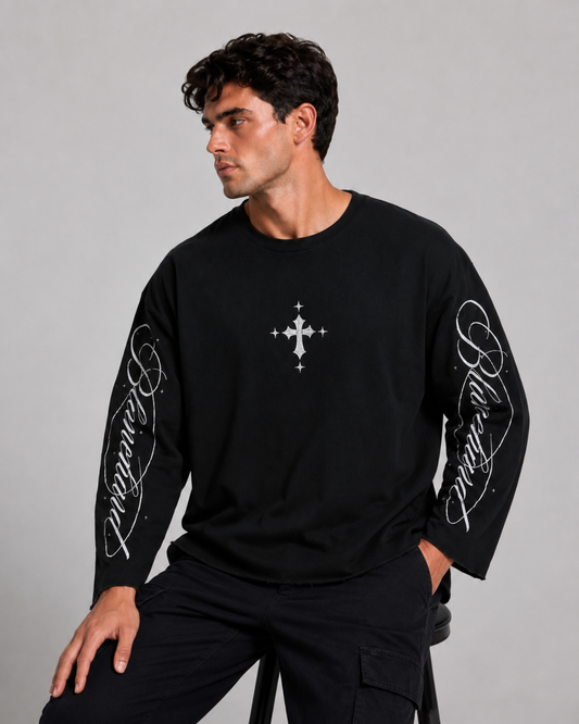 Shadow Cross Oversized Full Sleeve T-Shirt for Men | Black Streetwear Tee