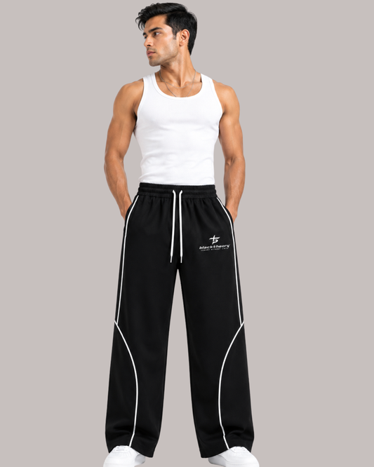 Wide Leg Track Pants with Drawstring & Contrast Piping