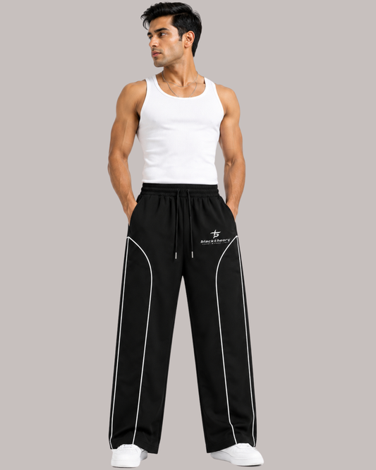 Men's Wide Leg Track Pants with Curved Contrast Piping | Relaxed Fit
